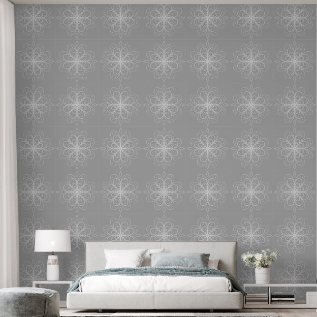 Metallic flower tile gray background wallpaper (Bedroom)