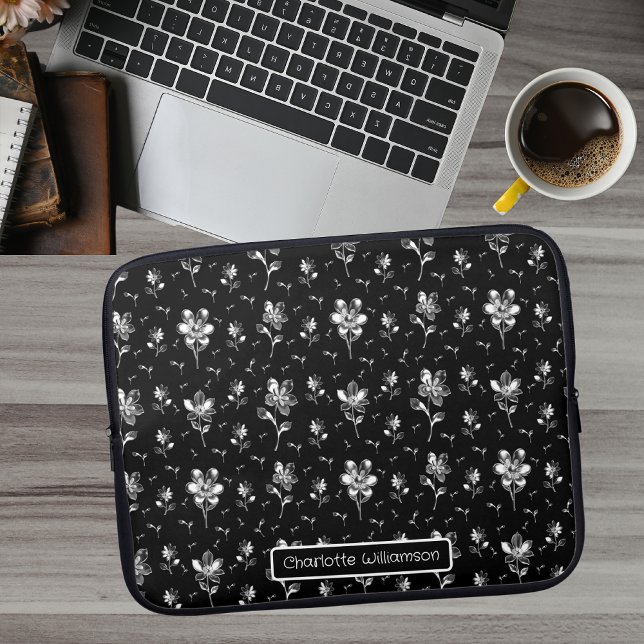 Metallic Flowers Black, Silver Floral Pattern Name Laptop Sleeve (Office Desk)