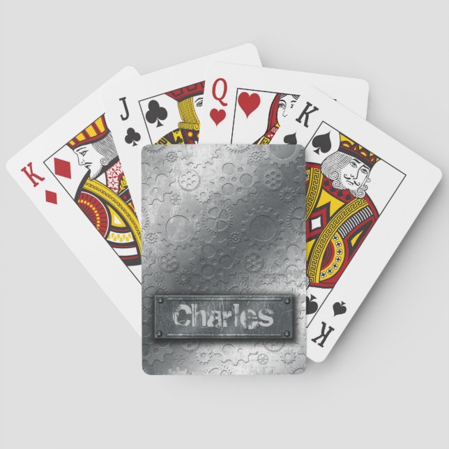 Metallic Gears with Bolted Label –Add Name- Playing Cards (Back)