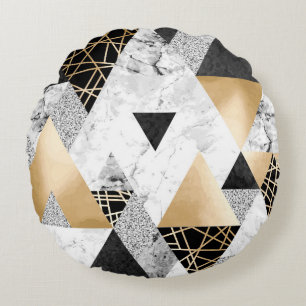 Metallic Geometric: Gold Silver Marble Round Pillow
