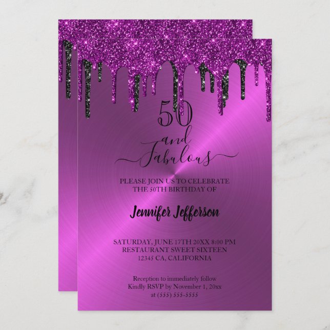 Metallic glitter dripping Birthday Invitation (Front/Back)