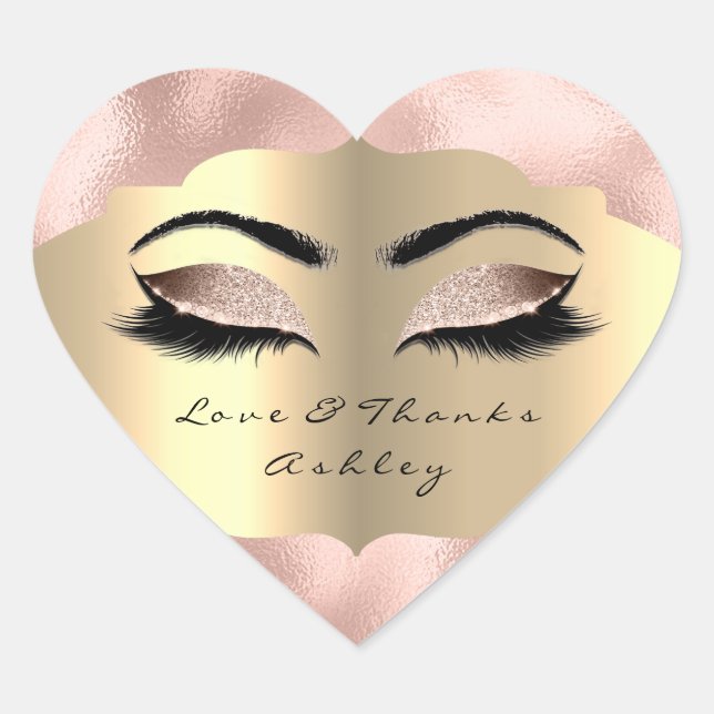 Metallic Glitter Gold Lash Eyes Love &Thanks Pink Heart Sticker (Front)