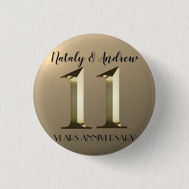 Metallic Gold 11th Wedding Anniversary 1 Inch Round Button (Front)