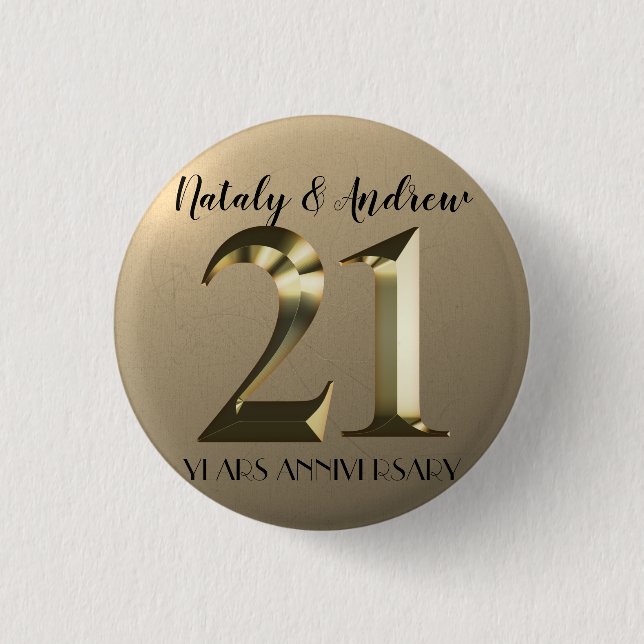 Metallic Gold 21th Wedding Anniversary 1 Inch Round Button (Front)