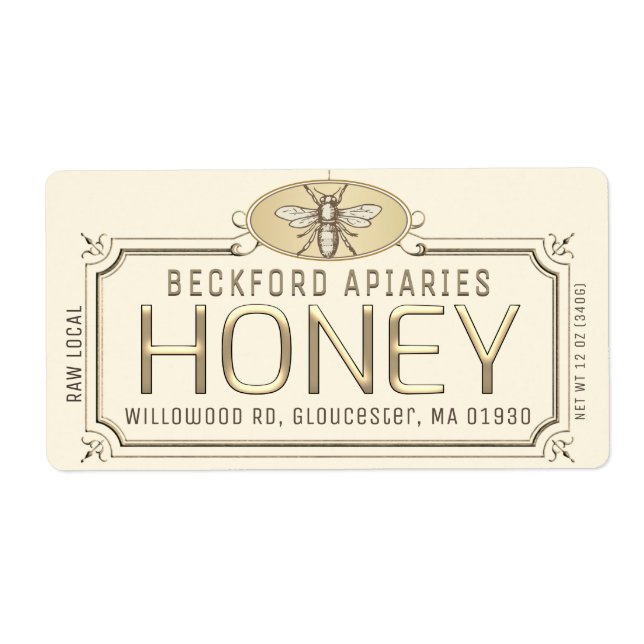Metallic Gold 3D Framed Honey Label with Bee  (Front)