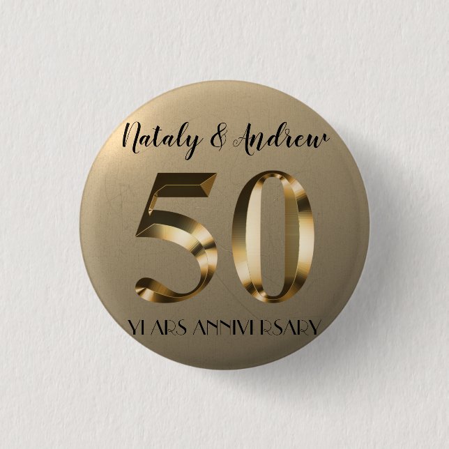 Metallic Gold 50th Wedding Anniversary 1 Inch Round Button (Front)
