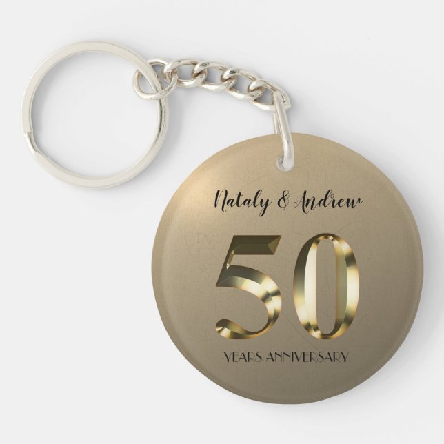 Metallic Gold 50th Wedding Anniversary Keychain (Front)