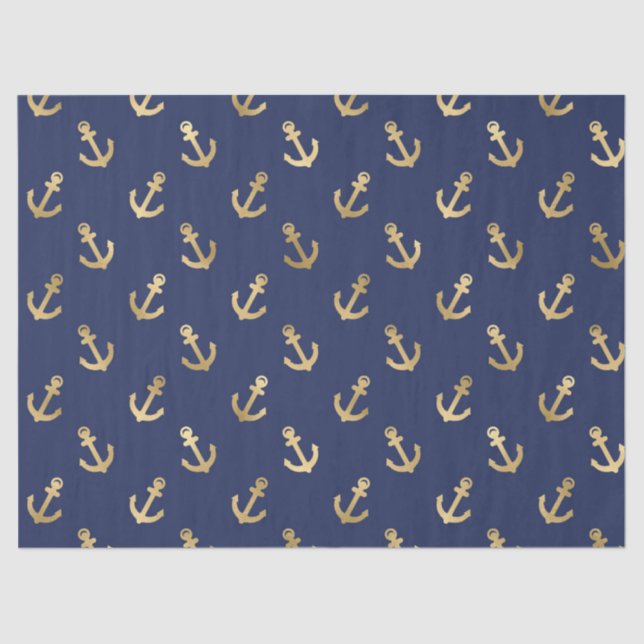 Metallic Gold Anchors on Navy Blue Decoupage Tissue Paper (Front)