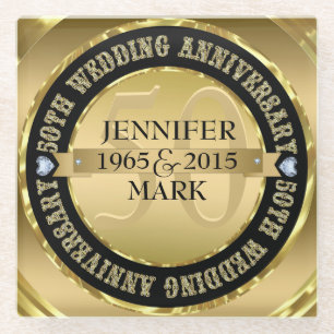 Metallic Gold And 2 Hearts 50th Anniversary Glass Coaster