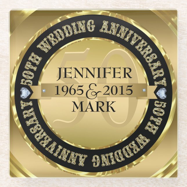 Metallic Gold And 2 Hearts 50th Anniversary Glass Coaster (Front)