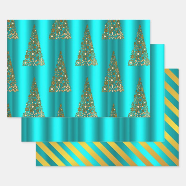 Metallic Gold and Aqua Christmas Wrapping Paper Sheet (Set)
