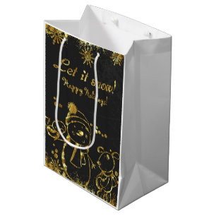 Metallic Gold And Black Illustration-  Christmas Medium Gift Bag