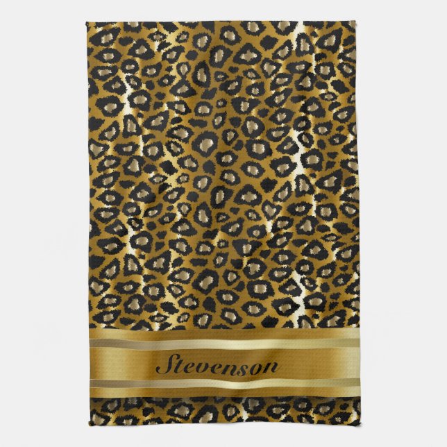 Metallic Gold and Black Leopard Animal Pattern Kitchen Towel (Vertical)