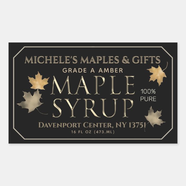 Metallic Gold and Black Maple Syrup with Leaves Sticker (Front)