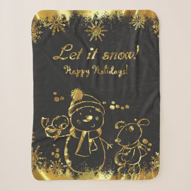 Metallic Gold And Black- Merry Christmas Sherpa Blanket (Front)