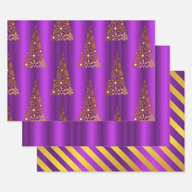Metallic Gold and Purple Christmas Wrapping Paper Sheet (Set)
