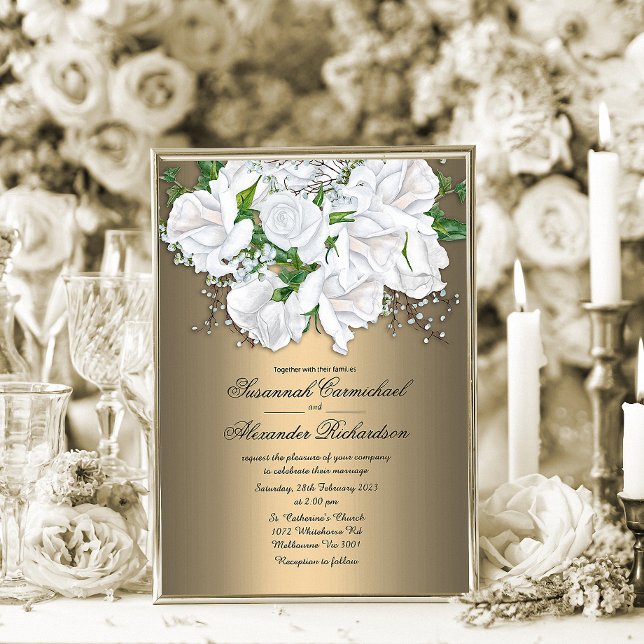 Metallic Gold and White Roses Wedding Invitation (Creator Uploaded)