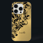 Metallic Gold Background Black Swirl Ornament iPhone 15 Pro Case<br><div class="desc">Elegant black swirl lace ornament over an image of metallic gold brushed aluminum look.</div>
