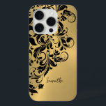 Metallic Gold Background Black Swirl Ornament iPhone 15 Pro Case<br><div class="desc">Elegant black swirl lace ornament over an image of metallic gold brushed aluminum look.</div>