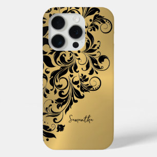 Metallic Gold Background Black Swirl Ornament iPhone 15 Pro Case
