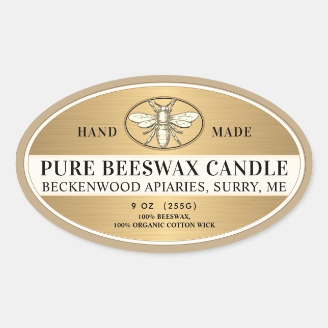 Metallic Gold Beeswax Oval Candle Heraldic Bee Oval Sticker (Front)