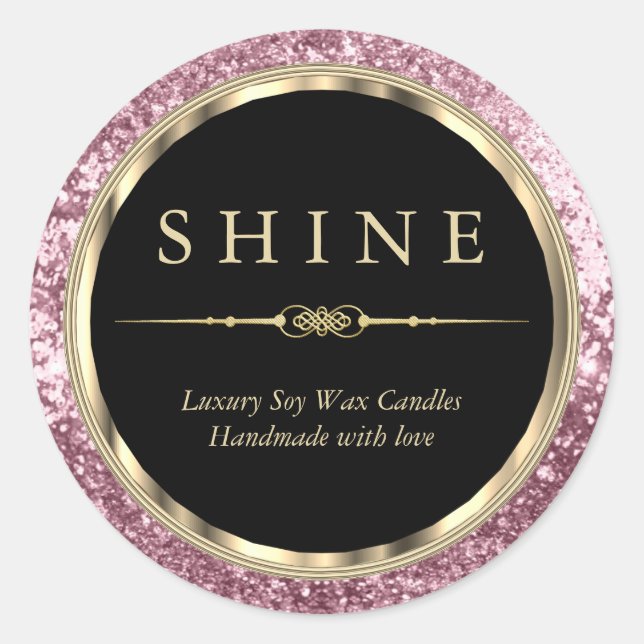 Metallic Gold, Black and Pink Glitter Classic Round Sticker (Front)
