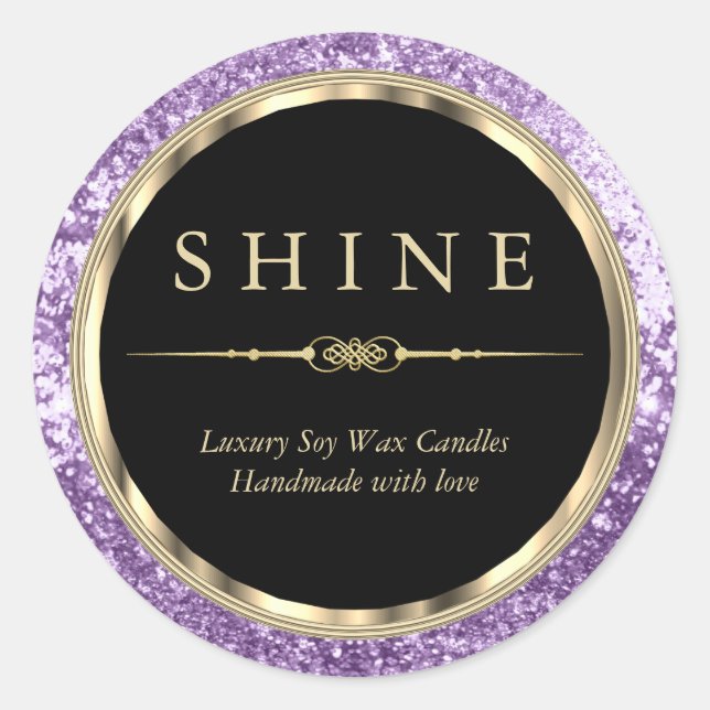 Metallic Gold, Black and Purple Glitter Classic Round Sticker (Front)