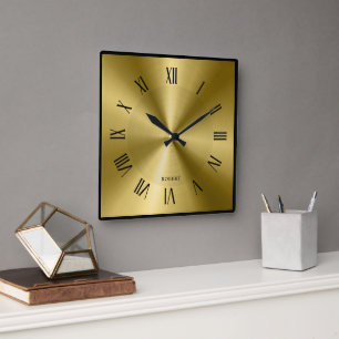 Metallic Gold & Black Border Roman Numerals  Square Wall Clock