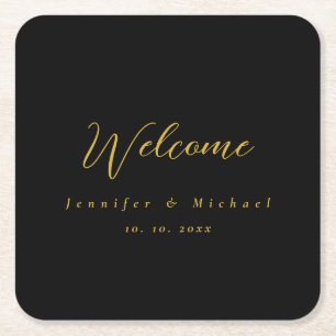 Metallic Gold & Black Professional Modern Elegant Square Paper Coaster