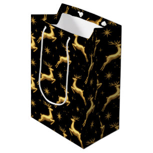 Metallic Gold Black Reindeer Stars Wine, Small, Medium Gift Bag