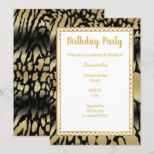 METALLIC GOLD BLACK SPOT ANIMAL PRINT BIRTHDAY INVITATION