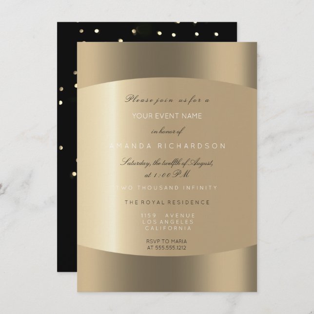 Metallic Gold Black White Minimal Sepia Dots Invitation (Front/Back)