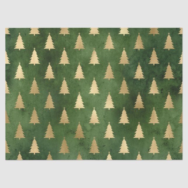 Metallic Gold Christmas Trees on Green Decoupage Tissue Paper (Front)