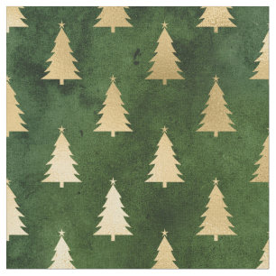 Metallic Gold Christmas Trees on Green Fabric