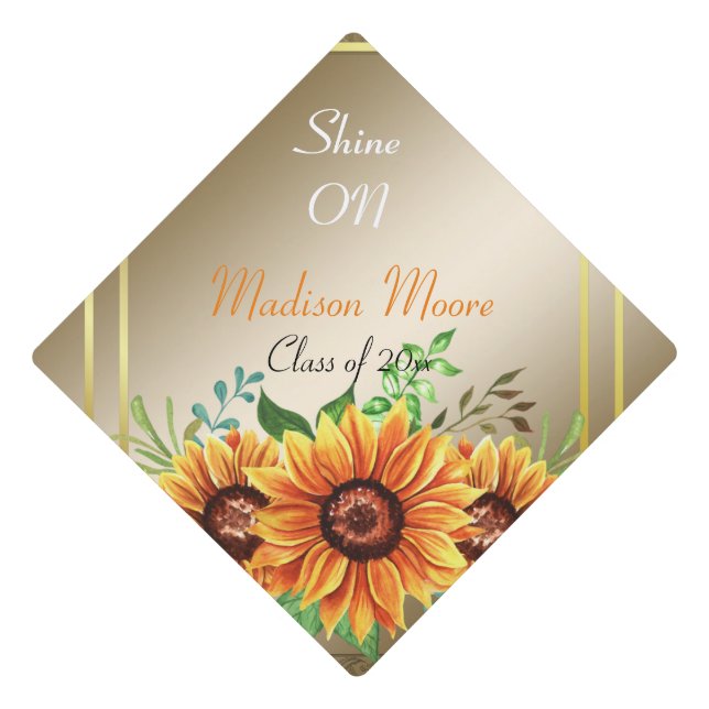 Metallic gold colour with beautiful sunflowers graduation cap topper (Front)