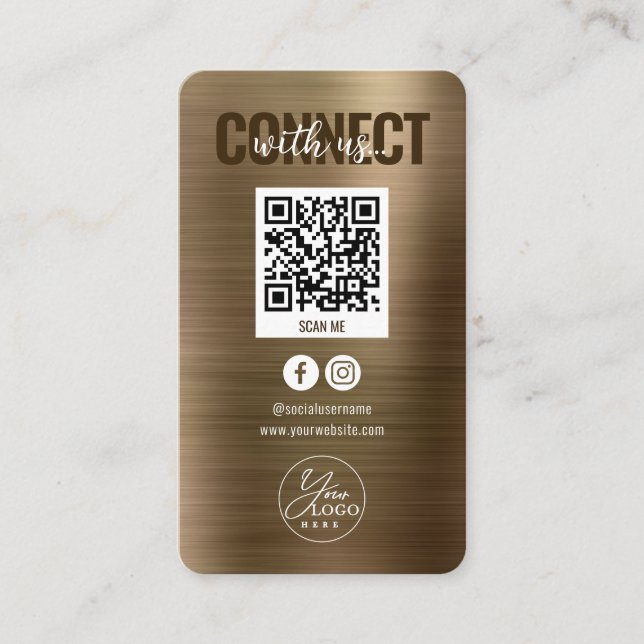 Metallic Gold Connect With Us Social Media QR Code Business Card (Front)