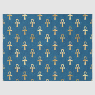 Metallic Gold Egyptian Ankh on Blue Decoupage Tissue Paper
