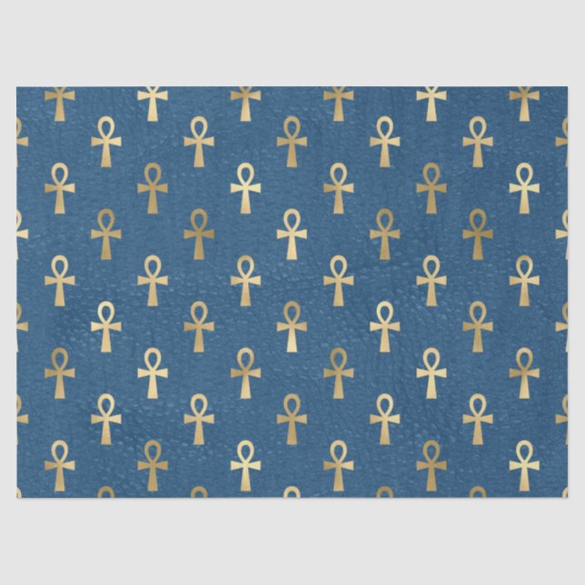 Metallic Gold Egyptian Ankh on Blue Decoupage Tissue Paper (Front)