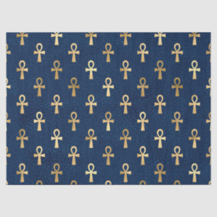 Metallic Gold Egyptian Ankh on Navy Blue Decoupage Tissue Paper