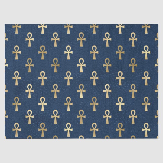 Metallic Gold Egyptian Ankh on Navy Blue Decoupage Tissue Paper (Front)