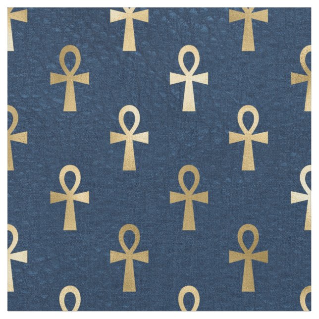 Metallic Gold Egyptian Ankh on Navy Blue Fabric (Close Up)