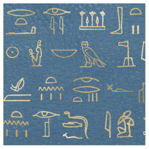 Metallic Gold Egyptian Hieroglyphs on Blue Fabric