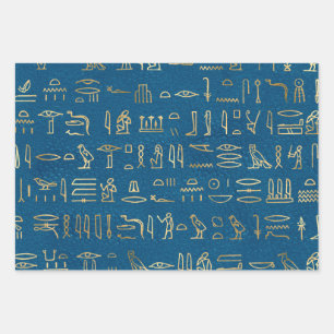 Metallic Gold Egyptian Hieroglyphs on Blue Wrapping Paper Sheet