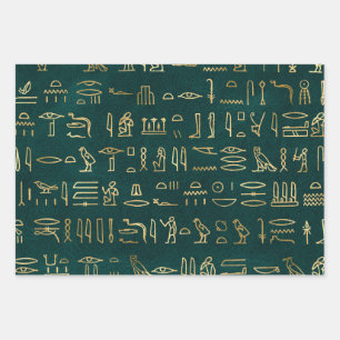 Metallic Gold Egyptian Hieroglyphs on Forest Green Wrapping Paper Sheet