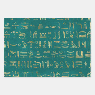 Metallic Gold Egyptian Hieroglyphs on Green Wrapping Paper Sheet