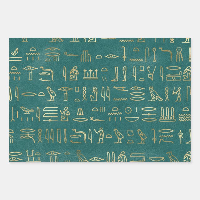 Metallic Gold Egyptian Hieroglyphs on Green Wrapping Paper Sheet (Front)