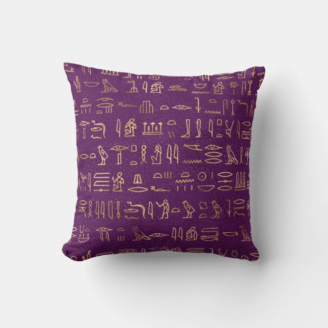 Metallic Gold Egyptian Hieroglyphs on Purple Throw Pillow (Front)