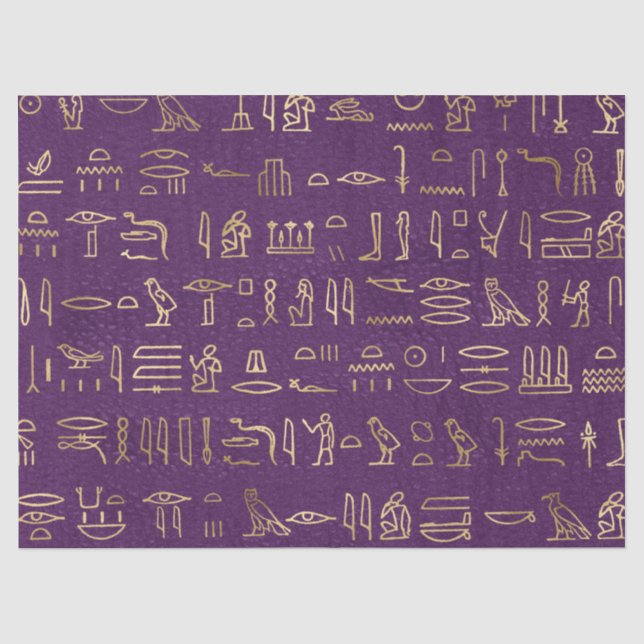 Metallic Gold Egyptian Hieroglyphs on Purple Tissue Paper (Front)