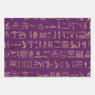 Metallic Gold Egyptian Hieroglyphs on Purple Wrapping Paper Sheet