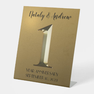 Metallic gold first wedding anniversary pedestal sign
